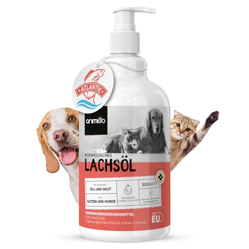 Animigo Lachsöl für Hunde & Katzen - Reich an Omega 3, 6 & 9 Fettsäuren - Gesunde Haut, Fellpflege, Beweglichkeit Gelenkfunktion - 500ml Öl mit natürlichem EPA und DHA - Vitamin E als Antioxidant von animigo