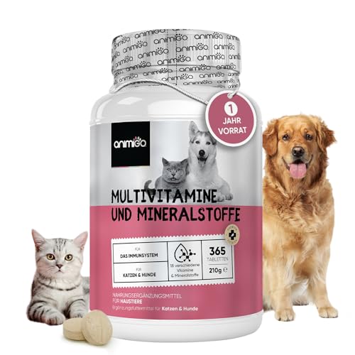 animigo Multivitamine für Hunde & Katzen - 365 Tabletten - Vitamin B Komplex mit Vitamin A, C, E & D3-18 Mineralien & Vitamine für Immunsystem, Knochen, Gelenke - Kalzium, Eisen, Kupfer, Jod, Zink von animigo