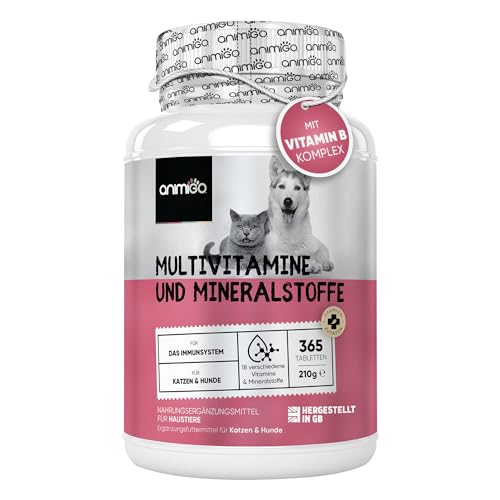 animigo Vitamine für Hunde & Katzen - 365 Multivitamin Tabletten - Mit Vitamin B Komplex (B1, B2, B3, B5, B6, Biotin, B9, B12), C & D3-18 Mineralien & Vitamine - Für Gelenke, Immunsystem, Knochen von animigo