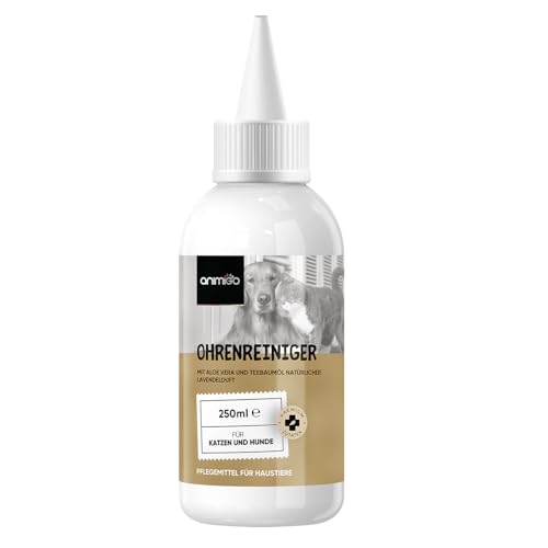 Ohrenreiniger für Hunde & Katzen - 250ml Ohrentropfen - Ohrenschmalz Entferner mit Teebaumöl, Lavendelöl, Salicylsäure und Aloe Vera - Ohrenspülung Hund bei Juckreiz, Allergien & Milben - animigo von animigo