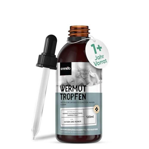 animigo Wurmkur Katzen & Hunde - 120ml Tropfen - 1+ Jahr Vorrat - Entwurmungsmittel mit Wermut & Kokosnuss - Alternative zu Tabletten - Wurmmittel für Magen & Darmgesundheit - Natürlichen Zutaten von animigo