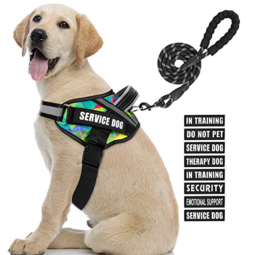 Service Dog Hundegeschirr, Geschirr und Leine, Animire für Training, mit 10 Hundeflicken, reflektierende Hundeleine mit weichem Griff für kleine, mittelgroße und große Hunde (mehrfarbig, L) von Animire