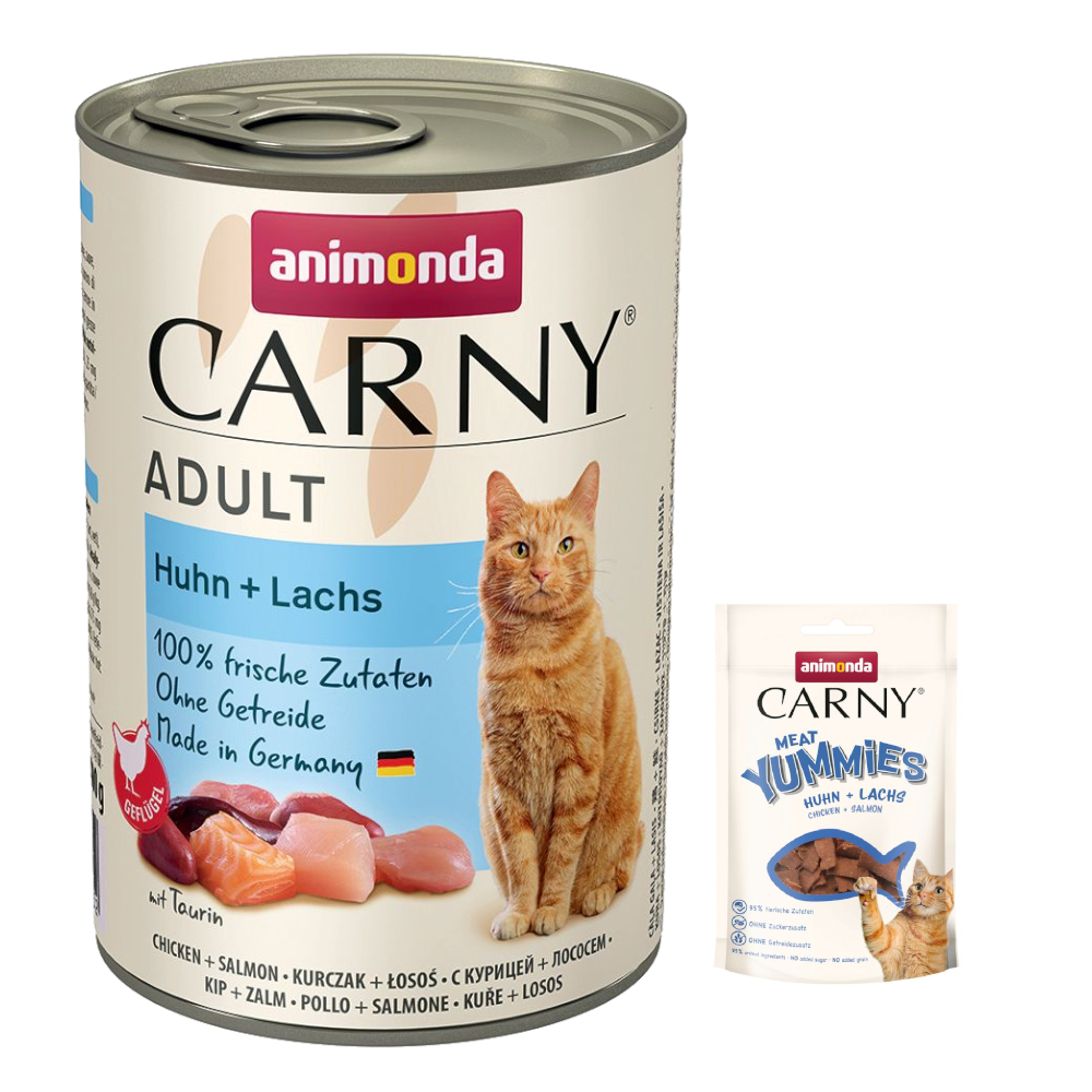 6 x 400 g / 12 x 400 g / 6 x 800 g animonda Carny Adult + 50 g Meat Yummies Huhn + Lachs gratis! - 6 x 400 g Huhn & Lachs von Animonda Carny
