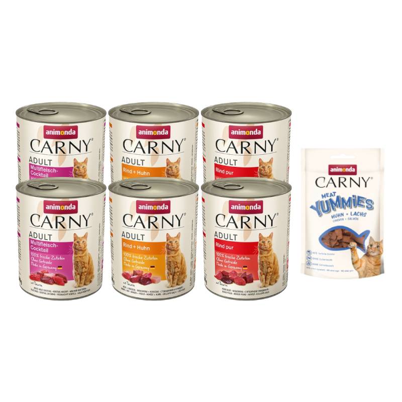 6 x 400 g / 12 x 400 g / 6 x 800 g animonda Carny Adult + 50 g Meat Yummies Huhn + Lachs gratis! - 6 x 800 g Mixpaket Rind (3 Sorten) von Animonda Carny