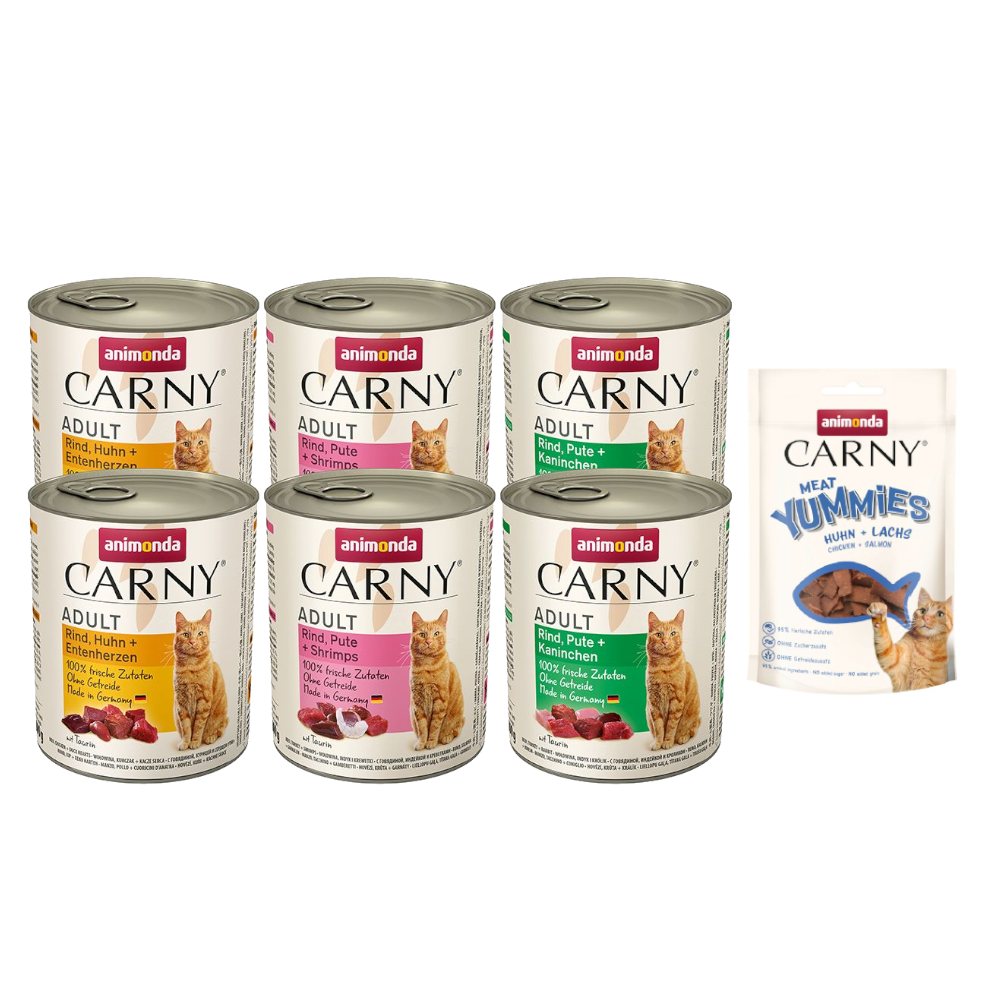 6 x 400 g / 12 x 400 g / 6 x 800 g animonda Carny Adult + 50 g Meat Yummies Huhn + Lachs gratis! - 6 x 800 g Mixpaket Rind & Geflügel (3 Sorten) von Animonda Carny