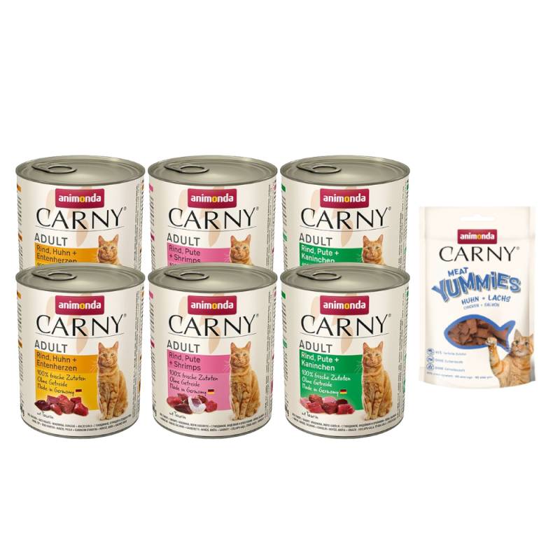 6 x 400 g / 12 x 400 g / 6 x 800 g animonda Carny Adult + 50 g Meat Yummies Huhn + Lachs gratis! - 6 x 800 g Mixpaket Rind & Geflügel (3 Sorten) von Animonda Carny