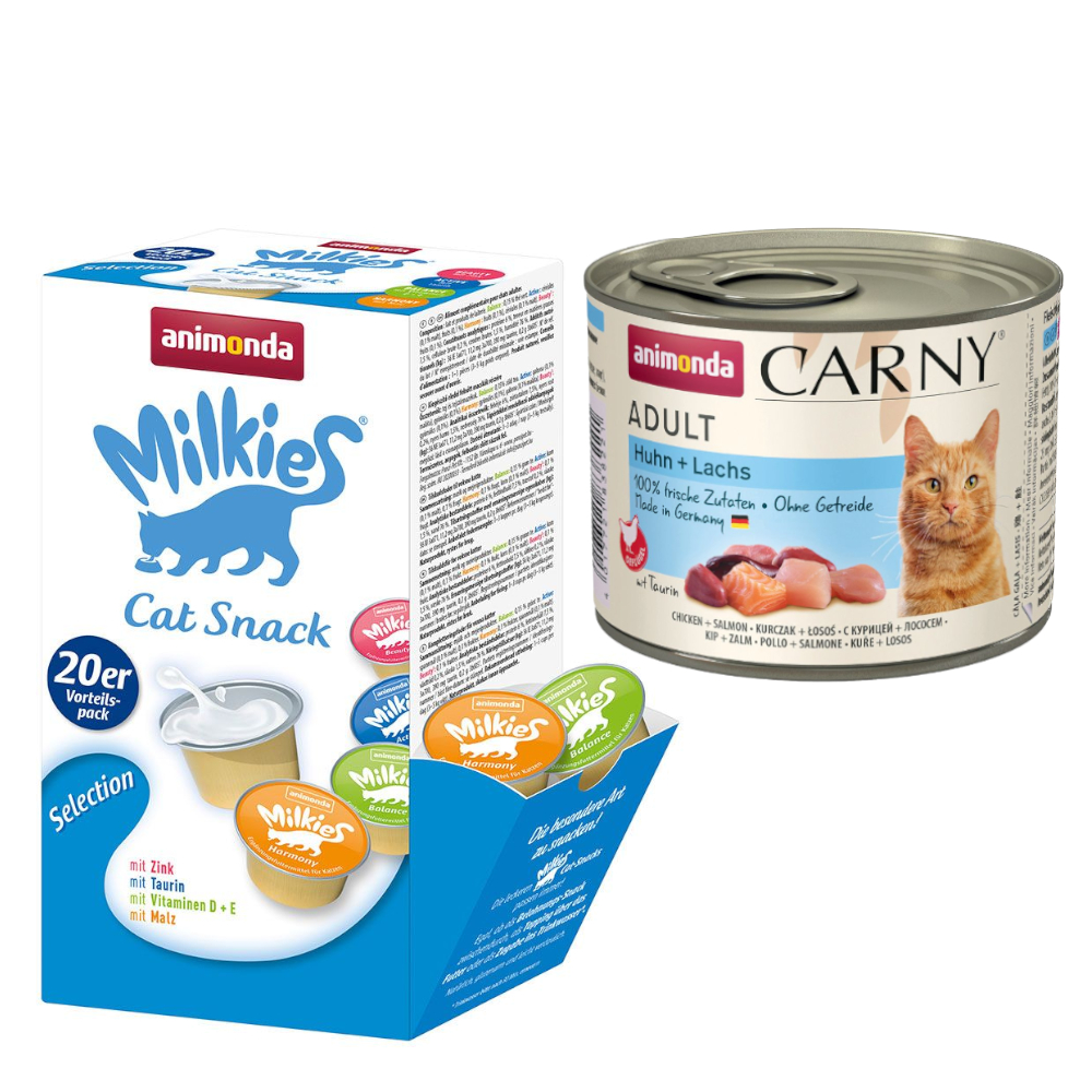 animonda Kombi-Paket: 12 x 200 g Carny Adult + 20 x 15 g Milkies Selection - Huhn & Lachs + Milkies Snack (4 Sorten) von Animonda Carny
