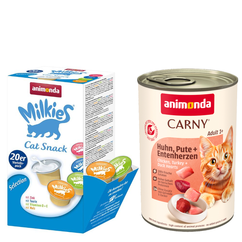 animonda Kombi-Paket: 12 x 400 g Carny Adult + 20 x 15 g Milkies Selection - Pute & Hühnchenleber + Milkies Snack (4 Sorten) von Animonda Carny
