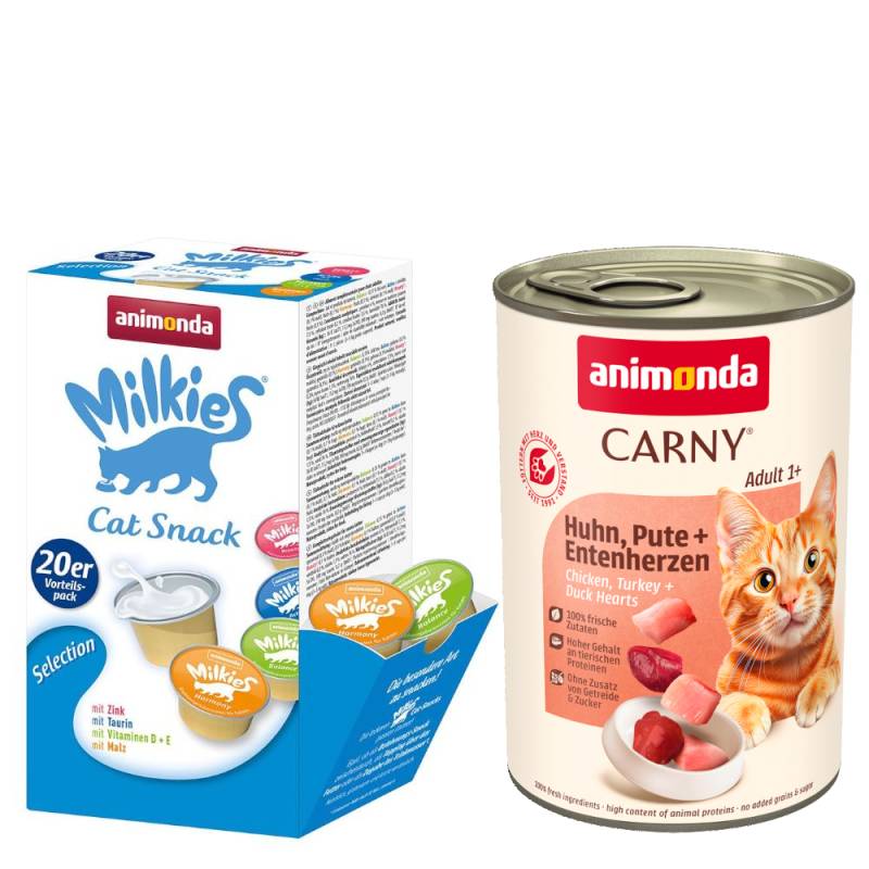 animonda Kombi-Paket: 12 x 400 g Carny Adult + 20 x 15 g Milkies Selection - Pute & Hühnchenleber + Milkies Snack (4 Sorten) von Animonda Carny