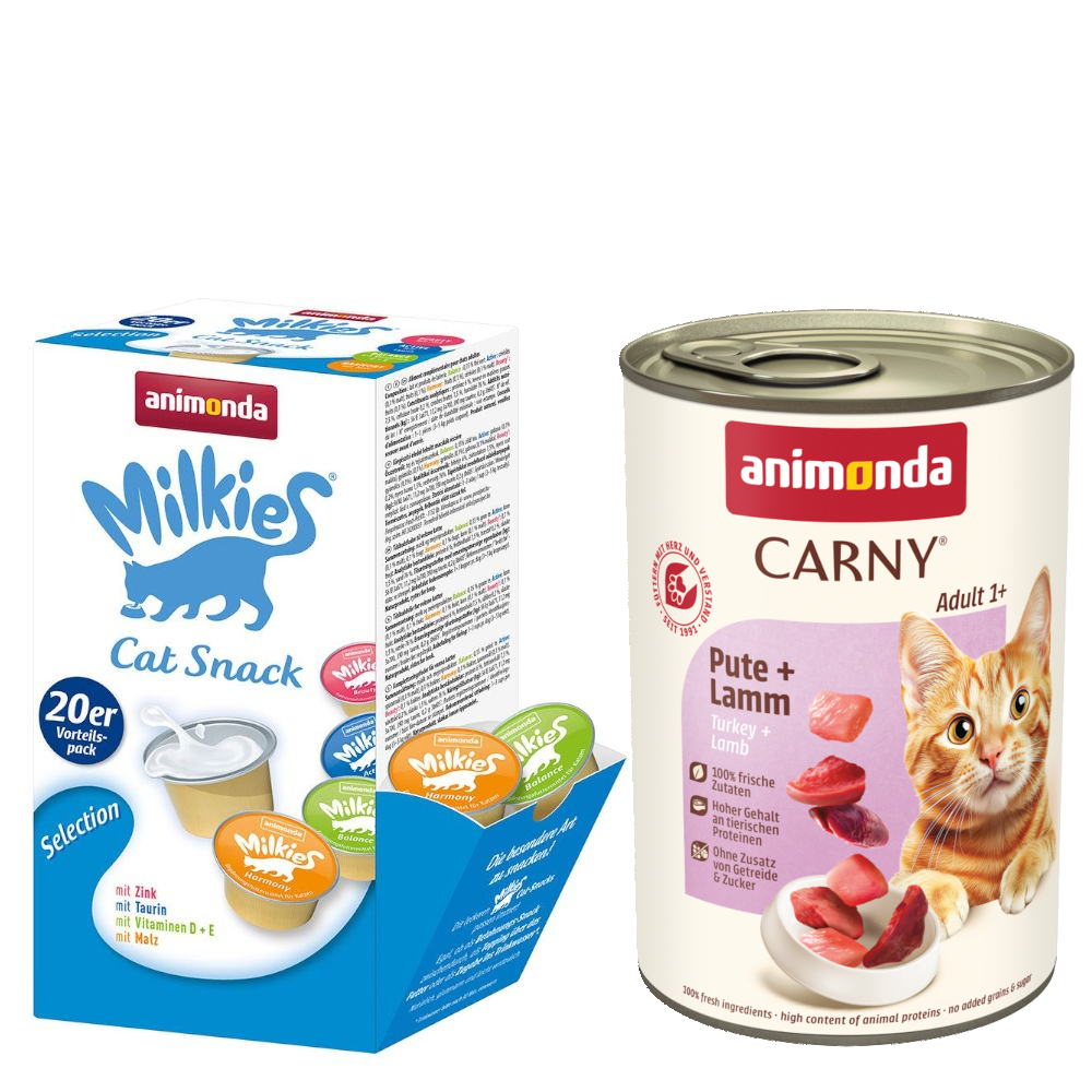 animonda Kombi-Paket: 12 x 400 g Carny Adult + 20 x 15 g Milkies Selection - Pute & Lamm + Milkies Snack (4 Sorten) von Animonda Carny