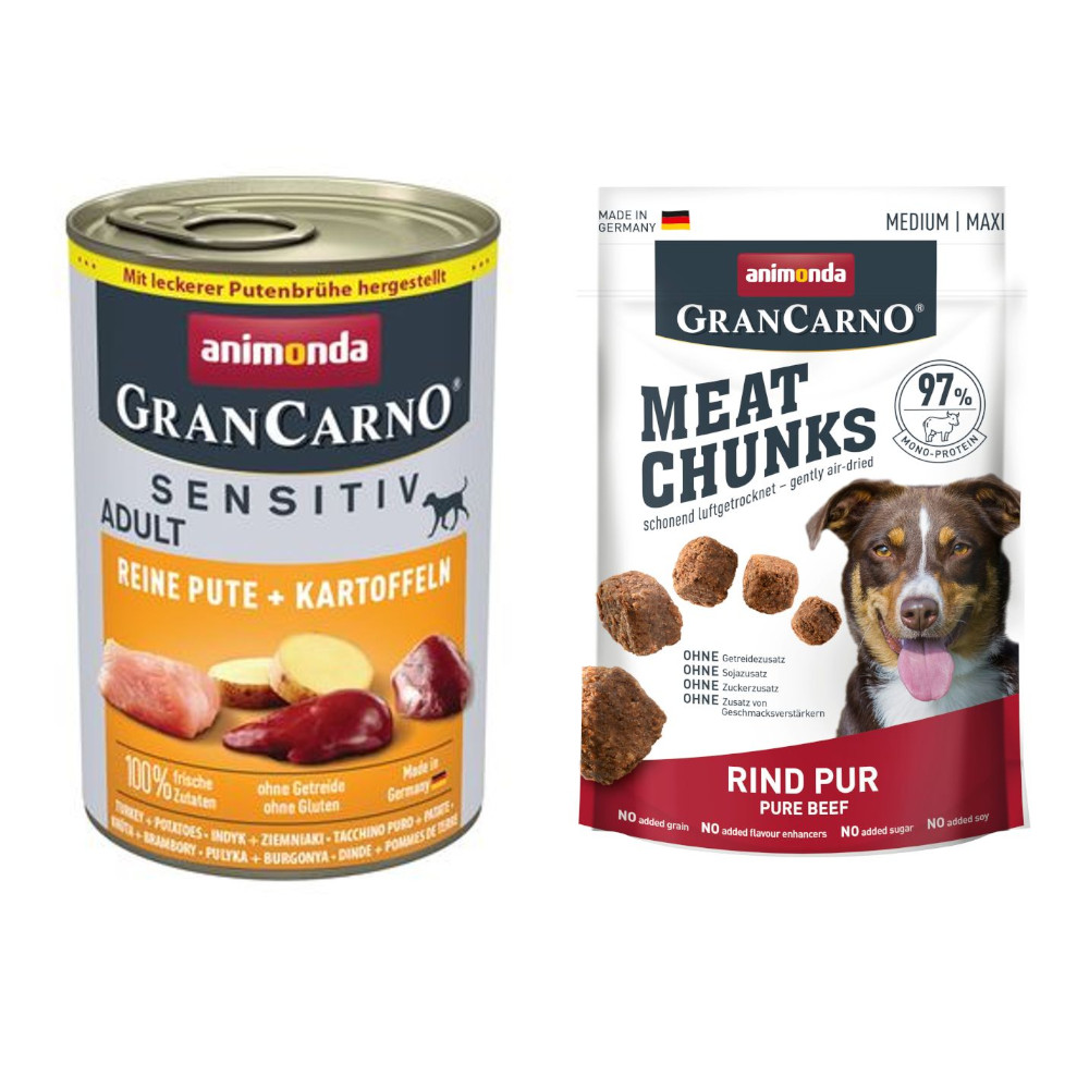6 x 400 g animonda GranCarno Adult Sensitive + 80 g Meat Chunks Rind Pur gratis! - Reine Pute & Kartoffeln von Animonda GranCarno