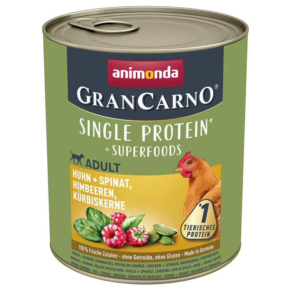animonda GranCarno Adult Superfoods 6 x 800 g - Huhn + Spinat, Himbeeren, Kürbiskerne von Animonda GranCarno