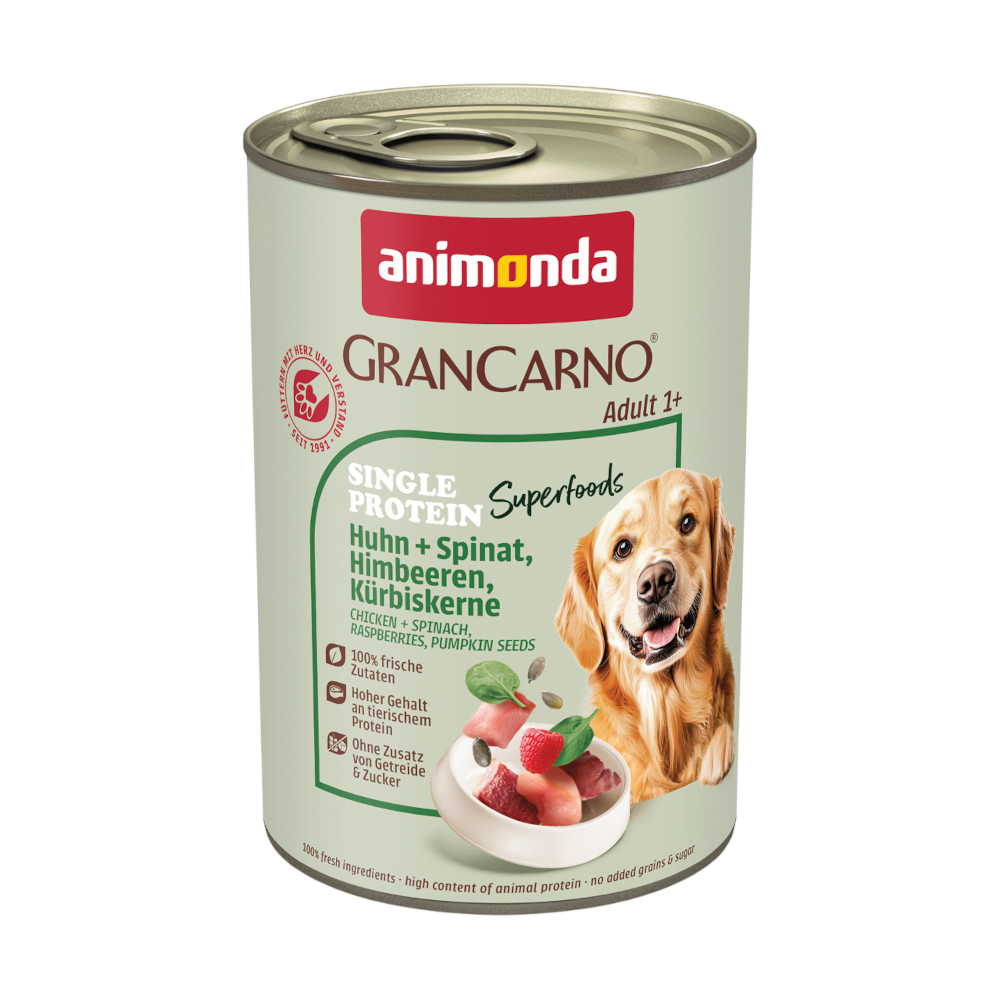Sparpaket Animonda GranCarno Adult Single Protein Superfoods 24 x 400 g - Huhn + Spinat, Himbeeren, Kürbiskerne Sparpaket Animonda GranCarno Adult Single Protein Superfoods 24 x 400 g - Huhn + Spinat, Himbeeren, Kürbiskerne von Animonda GranCarno