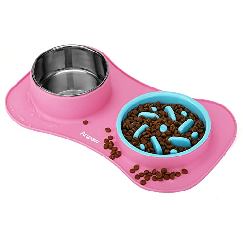 Anipaw Slow Feeder Hundenäpfe 3 in 1 Edelstahl Hundefutter und Wassernäpfe mit auslaufsicherer Rutschfester Silikonmatte zum Verlangsamen des Fressens für große, mittelgroße und kleine Rassen von Anipaw