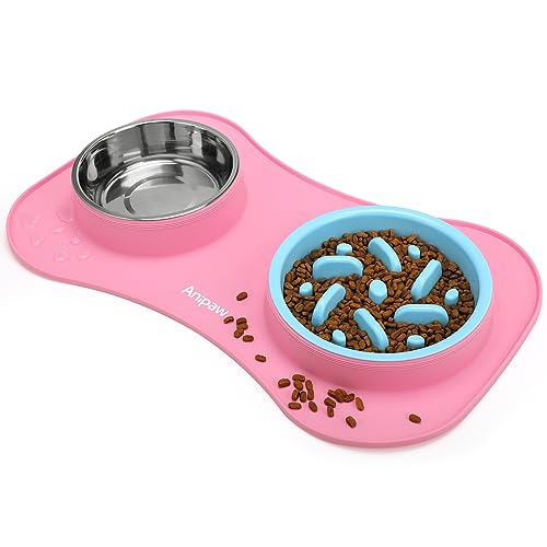 Anipaw Slow Feeder Hundenäpfe 3-in-1 aus Edelstahl, Futter- und Wassernäpfe mit auslaufsicherer, rutschfester Silikonmatte zum Verlangsamen des Fressens für große, mittelgroße und kleine Rassen (Rosa) von Anipaw