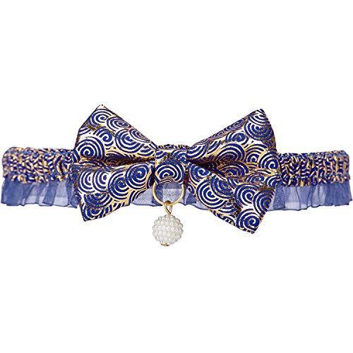 Anjing Gold Print Lucky Clouds Lace Choker Katzenhalsband in Blau mit handgefertigter Fliege und Perlen Elastisch Stretch Halsband für Katzen von Anjing