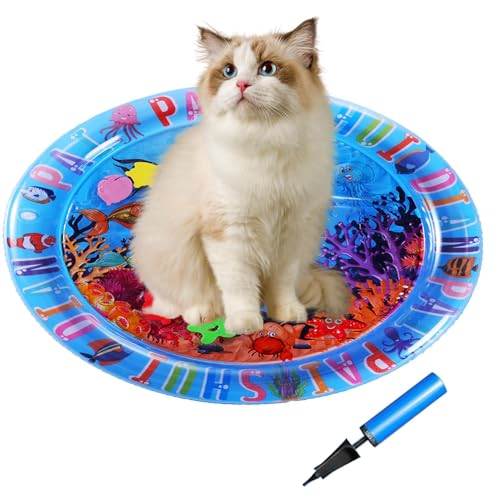 Anloximt Katzen Sinnesmatte, Sicherer Wassersensor Spielplatz Für Haustiere, Interaktive Runde rutschfeste Haustierzubehör Mit Schwimmenden Fischen Zum Schlagen von Anloximt