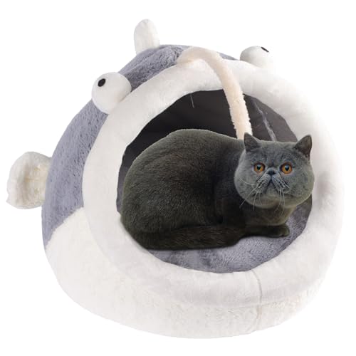 Annewi Katzenhöhle, abnehmbares, halbgeschlossenes kleines Hundebett, Haustier-Plüschzelt, Cartoon-Ohr-Design, Haustierbett mit Pompon, für Katzen, Kätzchen, Hunde, Welpen und Kaninchen von Annewi