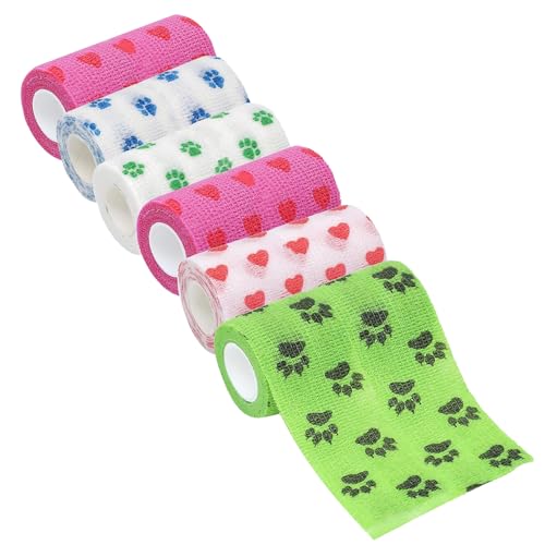Pet Wrap Tape, Wrap Bandage 10.2 cm 6 Rollen mit Pfotenabdrücken, Selbstklebendes Vliesband, Tier Kohäsive Bandage Selbst für Hunde Katzen Pferde Vögel & Handgelenk Heilung Knöchel Verstauchung von Annewi