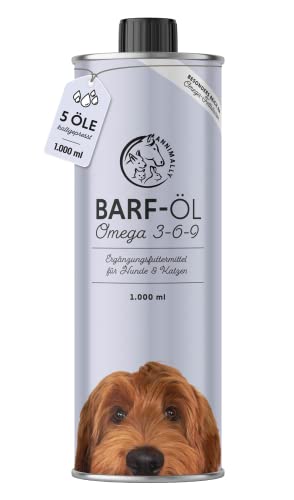 Barf Öl für Hunde 1000ml Barföl mit Omega 3-6-9 aus: Lachsöl, Rapsöl, Hanföl & Borretschöl - Futteröl für Hund als Futter Topping (Barf Zusatz) von Annimally