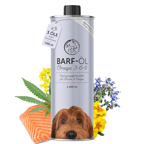 Barf Öl für Hunde 1000ml Barföl mit Omega 3-6-9 aus: Lachsöl, Rapsöl, Hanföl & Borretschöl - Futteröl für Hund als Futter Topping (Barf Zusatz) von Annimally