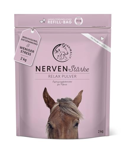 Annimally Nervenstärke - Pferde Relax Nerven Pulver 2kg zur Beruhigung beim Pferd - Nervenkräuter mit Magnesium, Tryptophan, Baldrian, Passionsblume & Hanföl gegen Angst, Stress & für Transport von Annimally