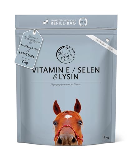 Annimally Selen, Vitamin E, Lysin Pulver für Pferde - Pferd Vitamin E, Lysin, Selen Komplex zur Unterstützung der Muskulatur & Leistung (2 kg Nachfüllpack) von Annimally