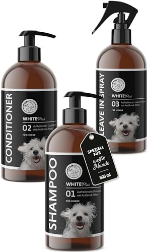 Annimally White Plus Pflegeset - Natürliches Hundeshampoo, Conditioner & Leave-In Spray mit Anti-Gelb-Effekt für weißes Fell, ph-neutrale Fleckenentfernung & Glanz ohne Bleichmittel - je 500 ml Annimally White Plus Pflegeset - Natürliches Hundeshampoo, Conditioner & Leave-In Spray mit Anti-Gelb-Effekt für weißes Fell, ph-neutrale Fleckenentfernung & Glanz ohne Bleichmittel - je 500 ml von Annimally