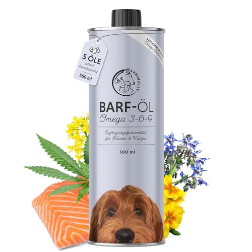 Barf Öl für Hunde 500ml Barföl mit Omega 3-6-9 aus: Lachsöl, Rapsöl, Hanföl & Borretschöl - Futteröl für Hund als Futter Topping (Barf Zusatz) von Annimally