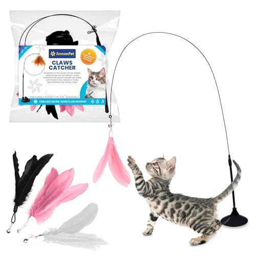 AnnonPet® Claw Catcher Interaktives Katzenspielzeug mit Saugnapf, 4 Ersatzfedern, stimulierendes Katzenspielzeug, interaktives Spielzeug mit Zauberstab von AnnonPet