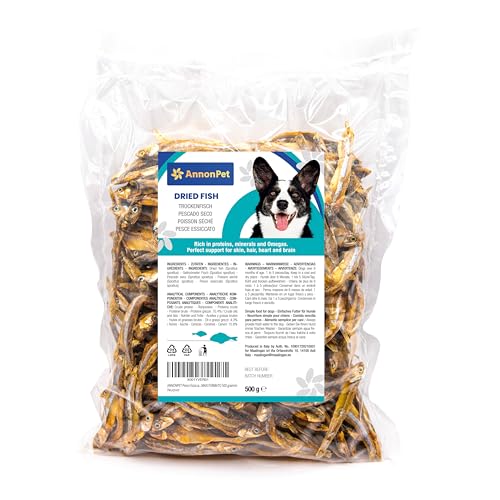 ANNONPET® Getrockneter Fisch für Hunde Natürliche Snacks ideal als Belohnung für Hundetraining. Kauspielzeug für Hunde. MAXI FORMAT 500 Gramm von Annonpet