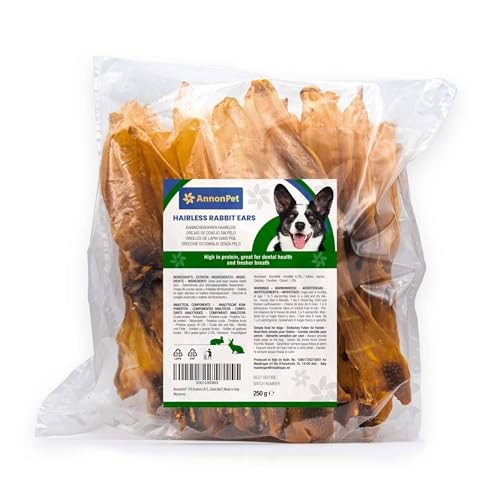 AnnonPet® 250 Gramm unbehaarte Kaninchenohren | Dehydriert und fettarm | Natürlich, hypoallergen | Hundesnacks zur Unterstützung der Darmreinigung | Kauartikel Kausnack | Barf italienische Qualität von Annonpet