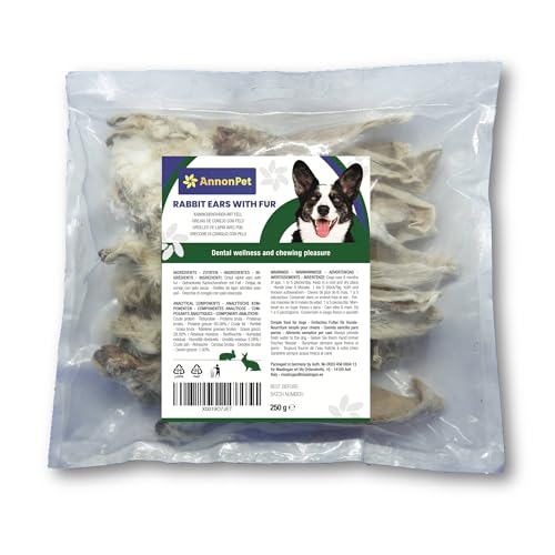 ANNONPET 250 Gramm Kaninchenohren mit Fell | Dehydriert und fettarm | Natürlich, hypoallergen | Hundesnacks zur Unterstützung der Darmreinigung | Kauartikel Kausnack von Annonpet