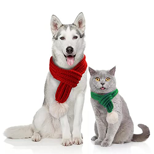 Anoudon 2pcs Weihnachtshund gestrickter Schal mit weißem Pompom Warme Winter Urlaub Haustier Zubehör Katze Schals für Katzen Hunde Winter Outfits, Größe ist S & M von Anoudon