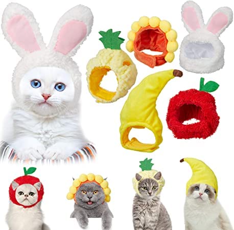 Anoudon Pack of 5 Cat Hat Cat Costume Rabbit Hat with Rabbit Ears Banana Sunflower Fruit Pineapple Hat Halloween Christmas Party Costume Headwear for Cats Puppies Pet Materials von Anoudon