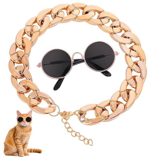 Anseom Cat Sonnenbrille Goldkette Kostümdekorationen UV-Schutz Brille für Katzen Klassische Sonnenbrille Verstellbare Kette Cosplay Kostüm Coole Foto Requisiten (1 schwarzes Glas + 1 Roségoldkette) Anseom Cat Sonnenbrille Goldkette Kostümdekorationen UV-Schutz Brille für Katzen Klassische Sonnenbrille Verstellbare Kette Cosplay Kostüm Coole Foto Requisiten (1 schwarzes Glas + 1 Roségoldkette) von Anseom
