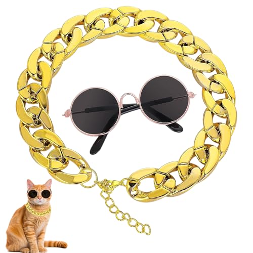 Anseom Cat Sonnenbrille Goldkette Kostümdekorationen UV-Schutz Brille für Katzen Klassische Sonnenbrille Verstellbare Kette Cosplay Kostüm Coole Foto Requisiten (1 schwarzes Glas + 1 Goldkette) von Anseom