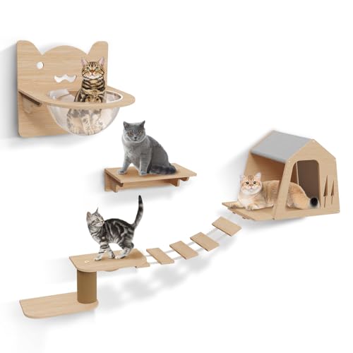 AntJo Kletterwand Katzen, katzenwandmöbel, katzenkletterwand Set 7-teilig, Mit Hängebrücke, 3 Plattformen, 2 Katzenhäuser von AntJo