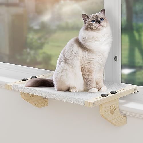 Anyelse Katzen-Fensterstange, Katzenfensterhängematte mit Holz- und Metallrahmen für große Katzen, verstellbare Katzenstange für Fensterbank, Nachttisch, Schublade und Schrank (61 cm, weißer Plüsch) von Anyelse
