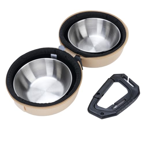 Aoaoy Doppelklapphunde Doppelschale in Einem Edelstahl -Laptop -Reisen für Lebensmittelfutter mit Eva -Beutel und Clamp/Holder für Camping Im Freien (Khaki) von Aoaoy