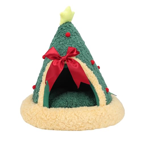 Aoaoy Pet House Weihnachtsbaum Katzenbetten für Innenkatzen Höhlenbett Halb Geschlossenes Design Multifunktional Weihnachtsbaum Dreieckig Warmes Haustierhaus Zeltbett für Zuhause von Aoaoy