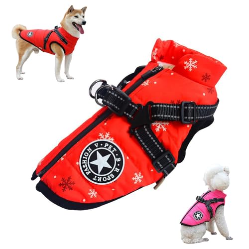 Waterproof Furry Jacket for Dogs of, Waterproof Winter Jacket with Built-in Harness, Dog Jacket with Harness, Waterproof Windproof Dog Winter Warm Coats for All Dogs, Cats (2XL,Red-A) von Aoguni