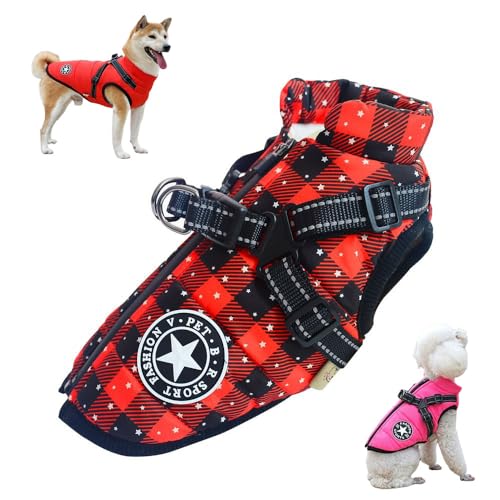Waterproof Furry Jacket for Dogs of, Waterproof Winter Jacket with Built-in Harness, Dog Jacket with Harness, Waterproof Windproof Dog Winter Warm Coats for All Dogs, Cats (2XL,Red-B) von Aoguni