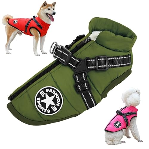 Waterproof Furry Jacket for Dogs of, Waterproof Winter Jacket with Built-in Harness, Dog Jacket with Harness, Waterproof Windproof Dog Winter Warm Coats for All Dogs, Cats (M,Green) von Aoguni