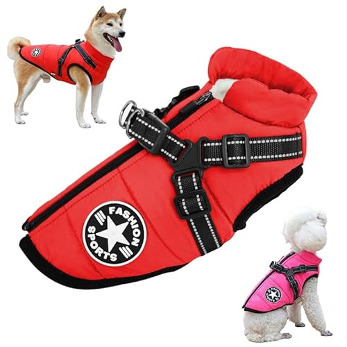 Waterproof Furry Jacket for Dogs of, Waterproof Winter Jacket with Built-in Harness, Dog Jacket with Harness, Waterproof Windproof Dog Winter Warm Coats for All Dogs, Cats (M,Red) von Aoguni