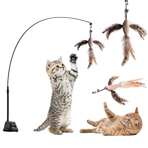 Aohcae Interaktives Katzenspielzeug Angel mit Feder, Glocken Zauberstab, Intelligenz und Selbstbeschäftigung - mit Saugnapf von Aohcae