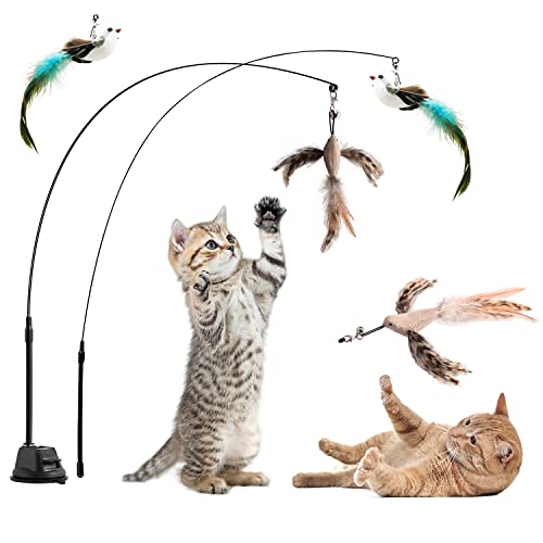 Aohcae 2 Stück Interaktives Katzenspielzeug Angel Mit Feder, Glocken Zauberstab, Intelligenz Selbstbeschäftigung Mit Saugnapf von Aohcae