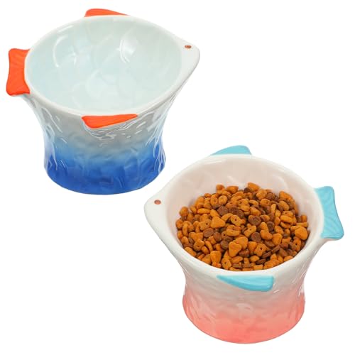 2 Stück erhöhter, geneigter Keramik-Katzenfutternapf, niedlich, erhöht, schräg, flach, abgewinkelt, Fischform, rutschfeste Futternäpfe für Katzen gegen Erbrechen und Ermüdung des Schnurrhaars (Blau von AojSup