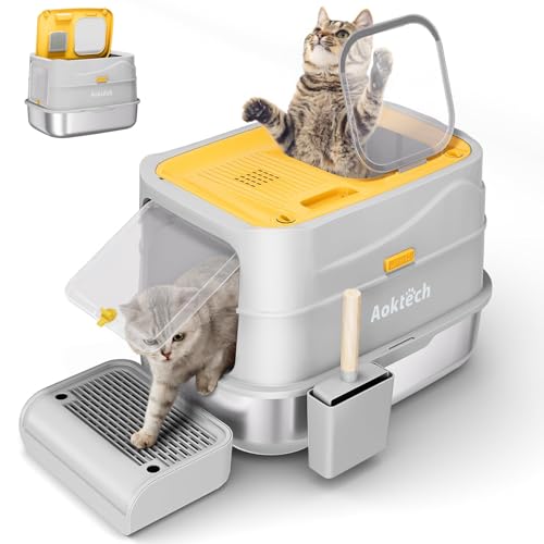 Extra große Edelstahl-Katzentoilette mit Deckel und Schaufel, geschlossene Metall-Kitty-Katzentoilette mit Stufe, Fronteingang oben, Geruchskontrolle, auslaufsicher, antihaftbeschichtet, einfache Extra große Edelstahl-Katzentoilette mit Deckel und Schaufel, geschlossene Metall-Kitty-Katzentoilette mit Stufe, Fronteingang oben, Geruchskontrolle, auslaufsicher, antihaftbeschichtet, einfache von Aoktech