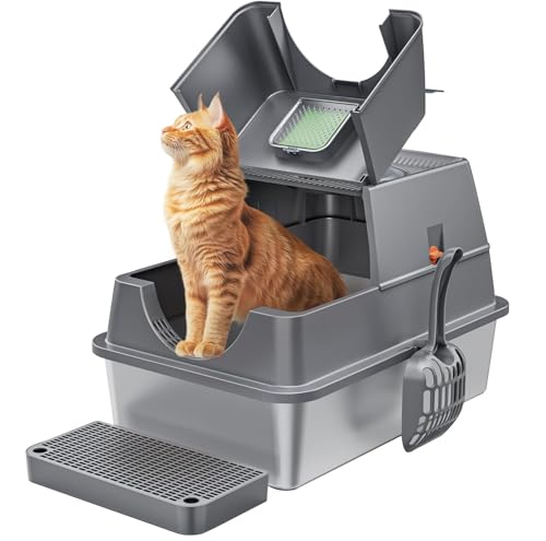 Katzentoilette aus Edelstahl mit Deckel, groß, geschlossen, hohe Seiten, Metall, Stahl, Katzentoilette mit Trittschaufel, einfache Reinigung, Geruchskontrolle, Fronteingang oben Ausgang Katzentoilette aus Edelstahl mit Deckel, groß, geschlossen, hohe Seiten, Metall, Stahl, Katzentoilette mit Trittschaufel, einfache Reinigung, Geruchskontrolle, Fronteingang oben Ausgang von Aoktech